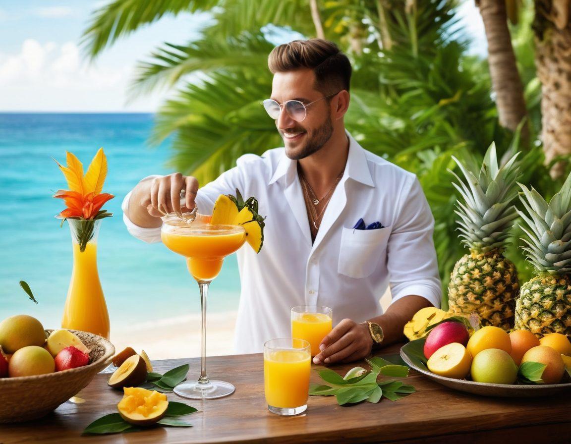 Create a vibrant scene showcasing a skilled mixologist in a tropical setting, pouring colorful wine-based cocktails into elegant glasses filled with fresh tropical fruits like pineapple, mango, and passionfruit. Include a backdrop of lush greenery and a sparkling ocean view, with glistening cocktail shakers and ingredients surrounding the bar. The atmosphere should exude joy and celebration. super-realistic. vibrant colors. tropical theme.