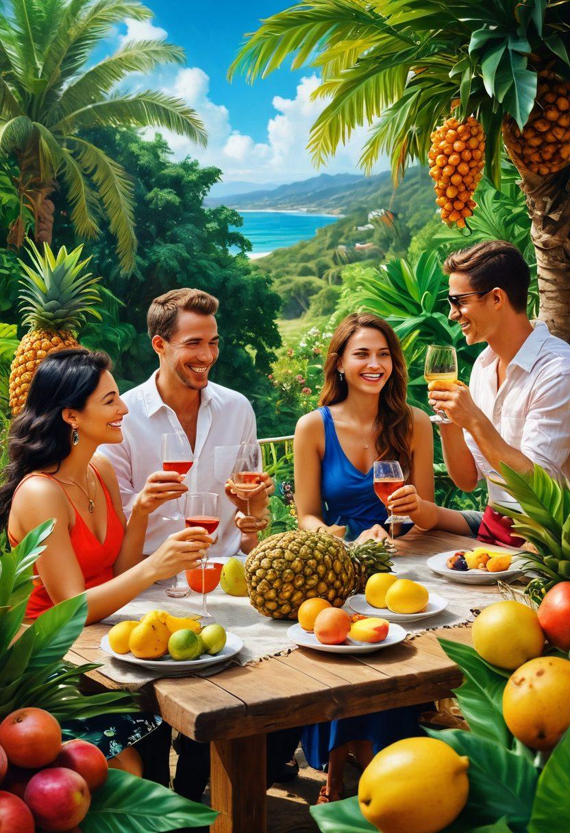 A vibrant tropical scene featuring a rustic vineyard intertwined with colorful tropical fruits like pineapples, mangos, and passion fruits. A cheerful group of diverse friends enjoying wine tastings, with glasses clinking under sunny skies, surrounded by lush green foliage and flowering plants. The overall atmosphere radiates happiness and celebration. super-realistic. bright colors. sunny atmosphere.