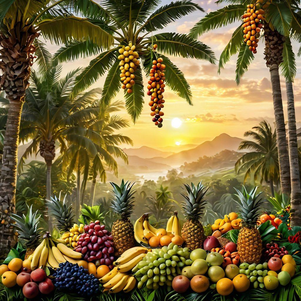 A vibrant tropical scene featuring clusters of ripe bananas hanging from lush green palm trees, surrounded by a colorful assortment of tropical fruits like pineapples, mangoes, and papayas. Incorporate a background of a sparkling vineyard with grapevines intertwined among exotic fruit trees, showcasing the fusion of fruits and winemaking. Soft sunlight creates a warm glow over the scene, enhancing the tropical paradise feel. super-realistic. vibrant colors. 3D.